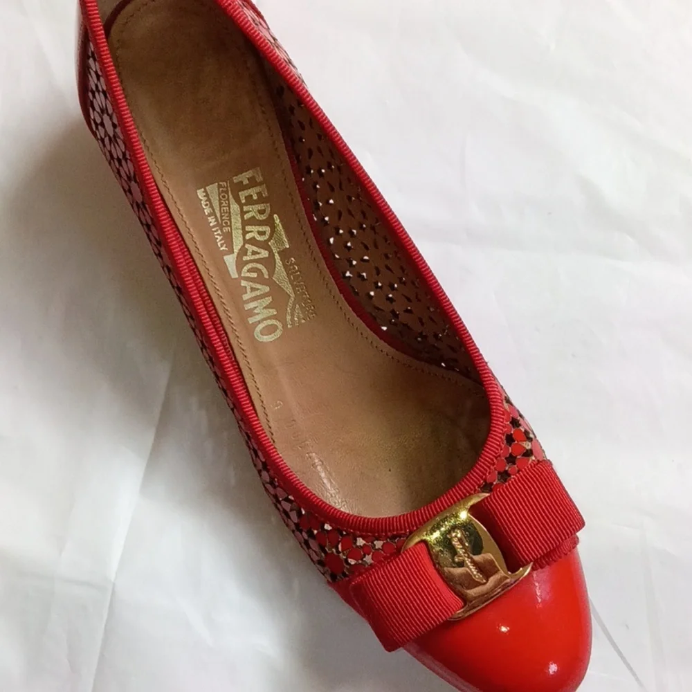 Salvatore Ferragamo Red Perforated Leather Bow Block Heel Pump
